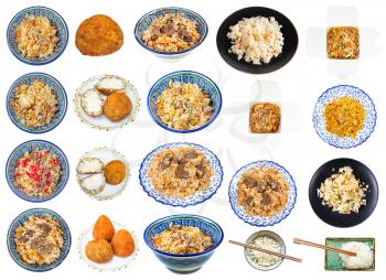 set of various dishes from rice isolated on white background