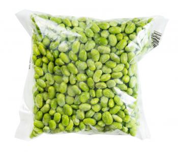 frozen Edamame (unripe soybeans) in plastic bag isolated on white background