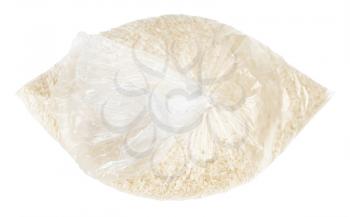 uncooked white rice in tied plastic bag isolated on white background