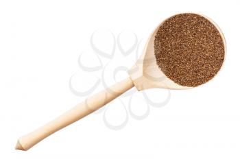 top view of whole-grain teff seeds in wood spoon isolated on white background