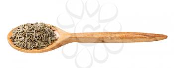 wooden spoon with kala zeera (Elwendia persica) seeds isolated on white background