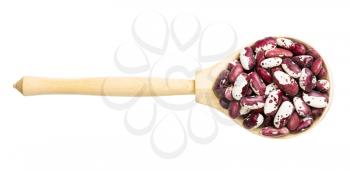 top view of red speckled kidney beans in wood spoon isolated on white background