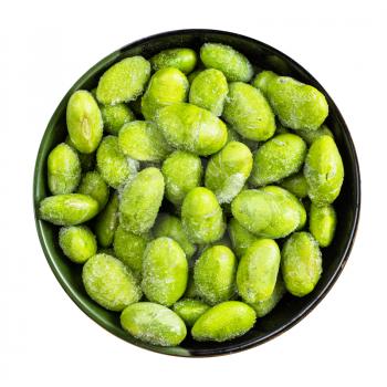 top view of frozen Edamame (unripe soybeans) in round bowl isolated on white background