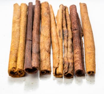 several sticks of cassia cinnamon close up on gray ceramic plate