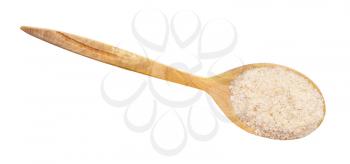 top view of ground asafetida in wood spoon isolated on white background