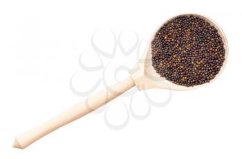 top view of whole-grain rapeseeds in wood spoon isolated on white background