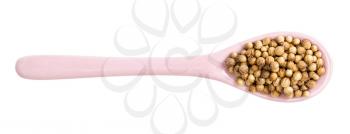top view of ceramic spoon with coriander seeds isolated on white background