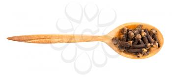 top view of wood spoon with cloves isolated on white background