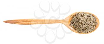 top view of wood spoon with kala zeera (Elwendia persica) seeds isolated on white background