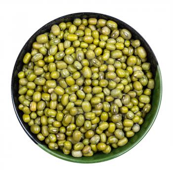 top view of raw green mung beans in round bowl isolated on white background