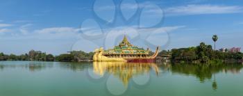 Panorama of Karaweik - replica of a Burmese royal barge and Kandawgyi Lake, Yangon, Myanmar Burma