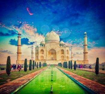 Vintage retro effect filtered hipster style image of  Taj Mahal on sunrise sunset, Indian Symbol - India travel background. Agra, Uttar Pradesh, India