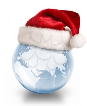 Christmas planet concept - Santa hat on crystal glass globe isolated on white background