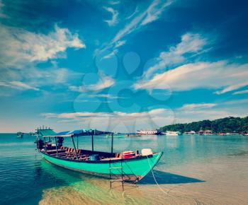 Vintage retro effect filtered hipster style image of Boats in Sihanoukville, Cambodia