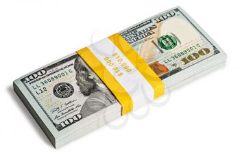 Creative business finance making money concept - bundle of 100 US dollars 2013 edition banknotes bills isolated on white
