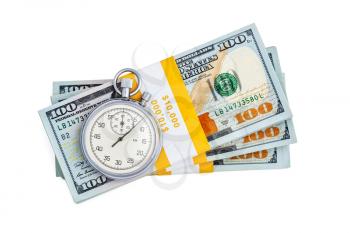 Time is money loan concept background - stopwatch and stack of new 100 US dollars 2013 edition banknotes bills bundles isolated on white