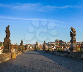 Charles bridge and Prague castle in the early morning. Prague, Czech Republic