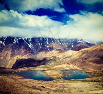 Vintage retro effect filtered hipster style travel image of mountain lakes in Spiti Valley in Himalayas. Himachal Pradesh, India