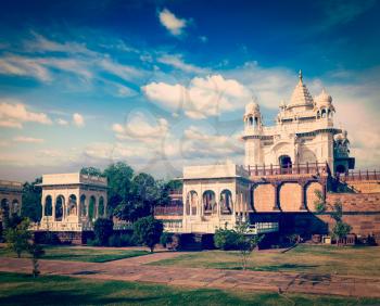 Vintage retro hipster style travel image of Jaswanth Thada mausoleum, Jodhpur, Rajasthan, India