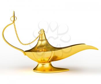 Golden Aladdin magic genie lamp isolated on white
