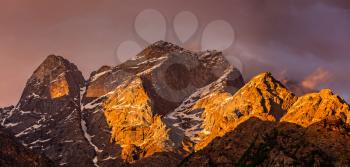 Himalayas mountains on sunset. Himachal Pradesh, India