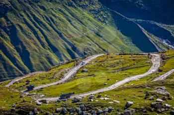 Road in Himalayas. Rohtang La pass, Lahaul valley, Himachal Pradesh, India