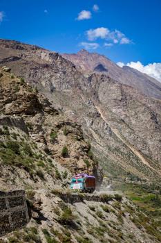 Manali-Leh road in Indian Himalayas with lorry. Himachal Pradesh, India