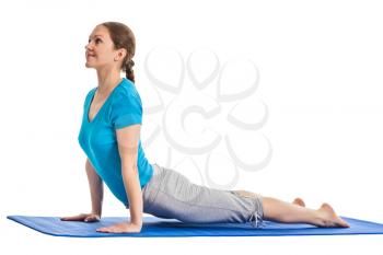 Yoga - young beautiful woman yoga instructor doing  Upward Facing Dog Pose (Back Bend) (Urdhva Mukha Svanasana) asana exercise isolated on white background