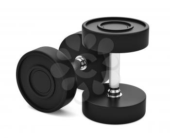Professional grade poly urethane rubber coated dumbbels with chrome handles isolated on white. 3d render