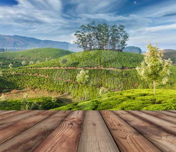 Wood planks floor with  green tea plantations in background. Munnar, Kerala, India