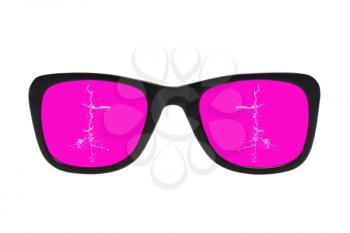 Broken pink glasses taken closeup isolated on a white background.
