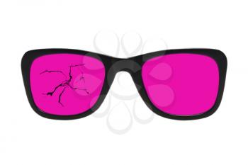Broken pink glasses in black frame isolated on a white background.