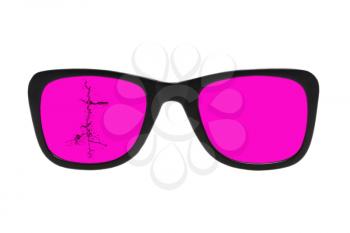Broken pink glasses isolated on a white background.