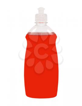 Transparent plastic container with red liquid isolated on a white background.
