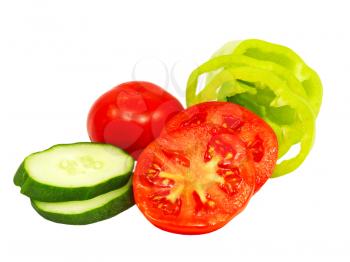 Ripe sliced cucumber, green pepper and tomatoes isolated on a white background.