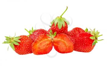 Fresh juicy strawberries taken closeup isolated on white background.
