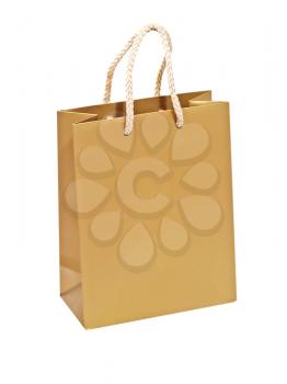Empty golden gift bag isolated on white background.
