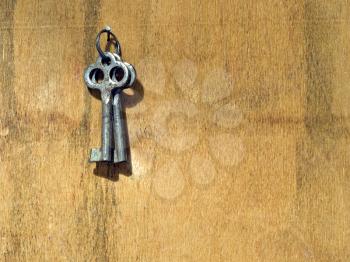 Two rusty old keys on a wooden wall.