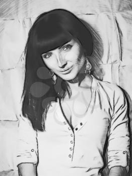 Pretty brunette monochrome portrait sketch.Digitally generated image.