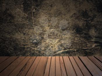 Retro indoor abstract background with grunge wall and wooden plank floor.