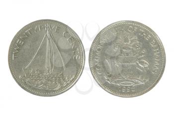 Commonwealth of the bahamas twenty five cents isolated on white background.