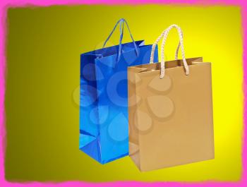 Blue and golden shopping bag on yellow background with pink frame border.