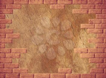 Wooden abstract background with yellow brick frame.Digitally generated image.