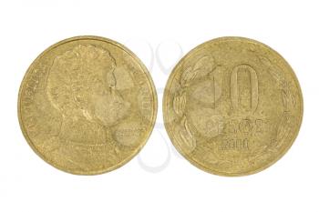Ten pesos of Chile Republic isolated on white background.