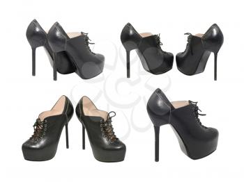 Set of high-heeled black shoes isolated on white background.