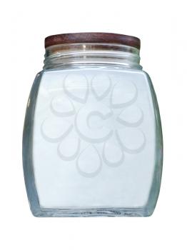 Empty glass jar with wooden lid isolated on white background.
