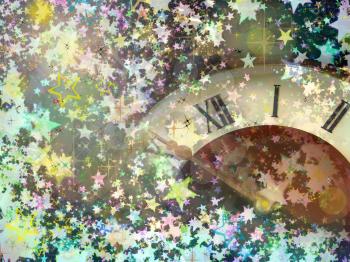 Clock face on multicolored shining stars background.Eve of new year.