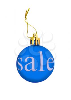 Blue Christmas ball with sale tag isolated on a white background.