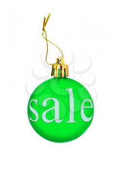 Green Christmas ball with sale tag isolated on a white background.