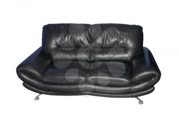 Modern black leather sofa isolated on white background.